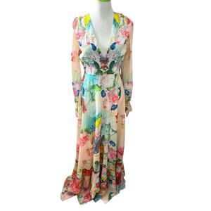 Dalia MacPhee Romantic Chiffon Maxi Dress Long Sleeve Flowing Skirt Size S
